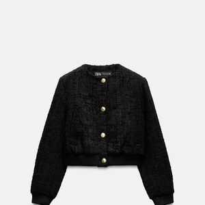 Zara Black Textured Weave Bomber Jacket